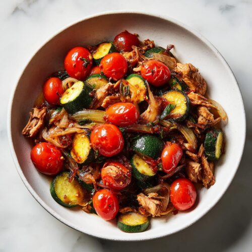 Close-up of a bowl filled with shredded meat, sliced zucchini, onions, and whole cherry tomatoes, perfect for Summer Crockpot Easy Recipes.