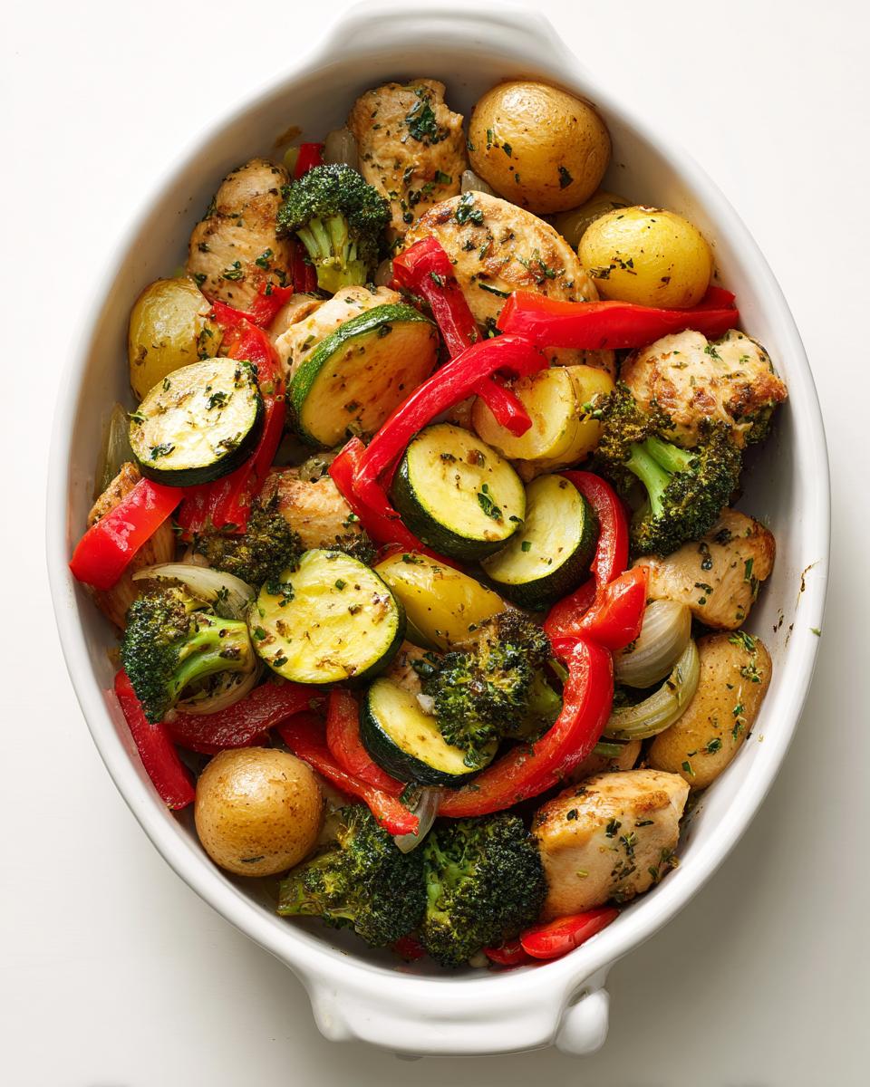 Overhead view of baked chicken and veggies, including potatoes, zucchini, and peppers, perfect for Summer Dinner Ideas Chicken and Veggies.
