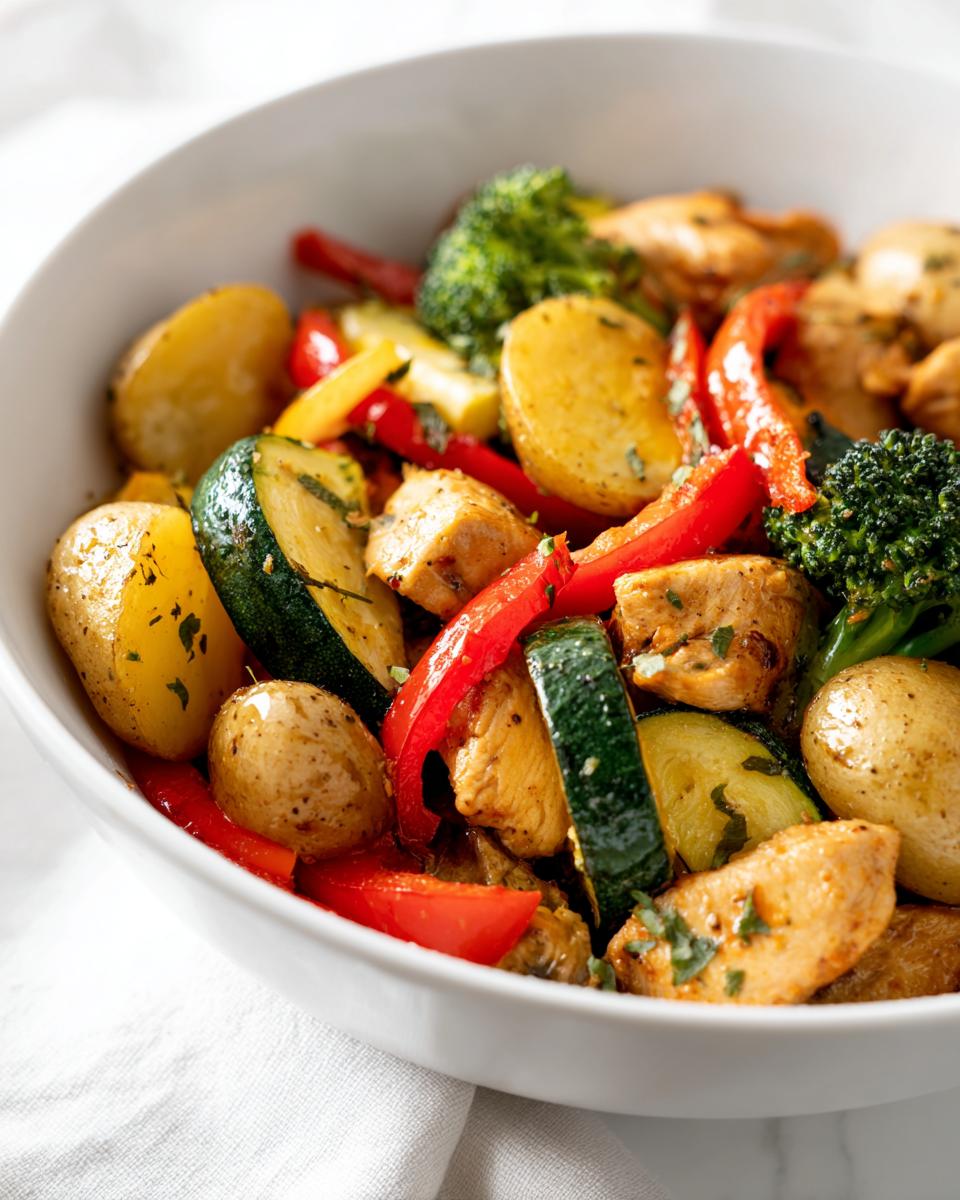 Close-up of a white bowl filled with Summer Dinner Ideas Chicken and Veggies, including seasoned chicken pieces, potatoes, zucchini, and red peppers.