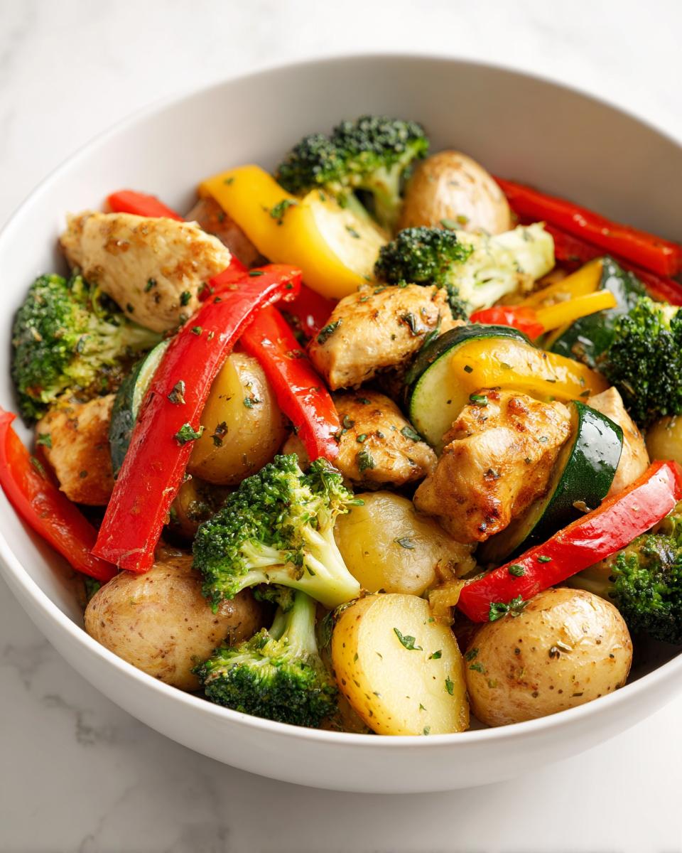 Close-up of Summer Dinner Ideas Chicken and Veggies including chicken pieces, small potatoes, broccoli, and bell peppers in a white bowl.