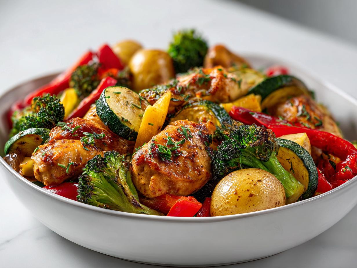 A vibrant bowl of roasted chicken pieces mixed with potatoes, zucchini, broccoli, and red peppers, perfect for summer dinner ideas.