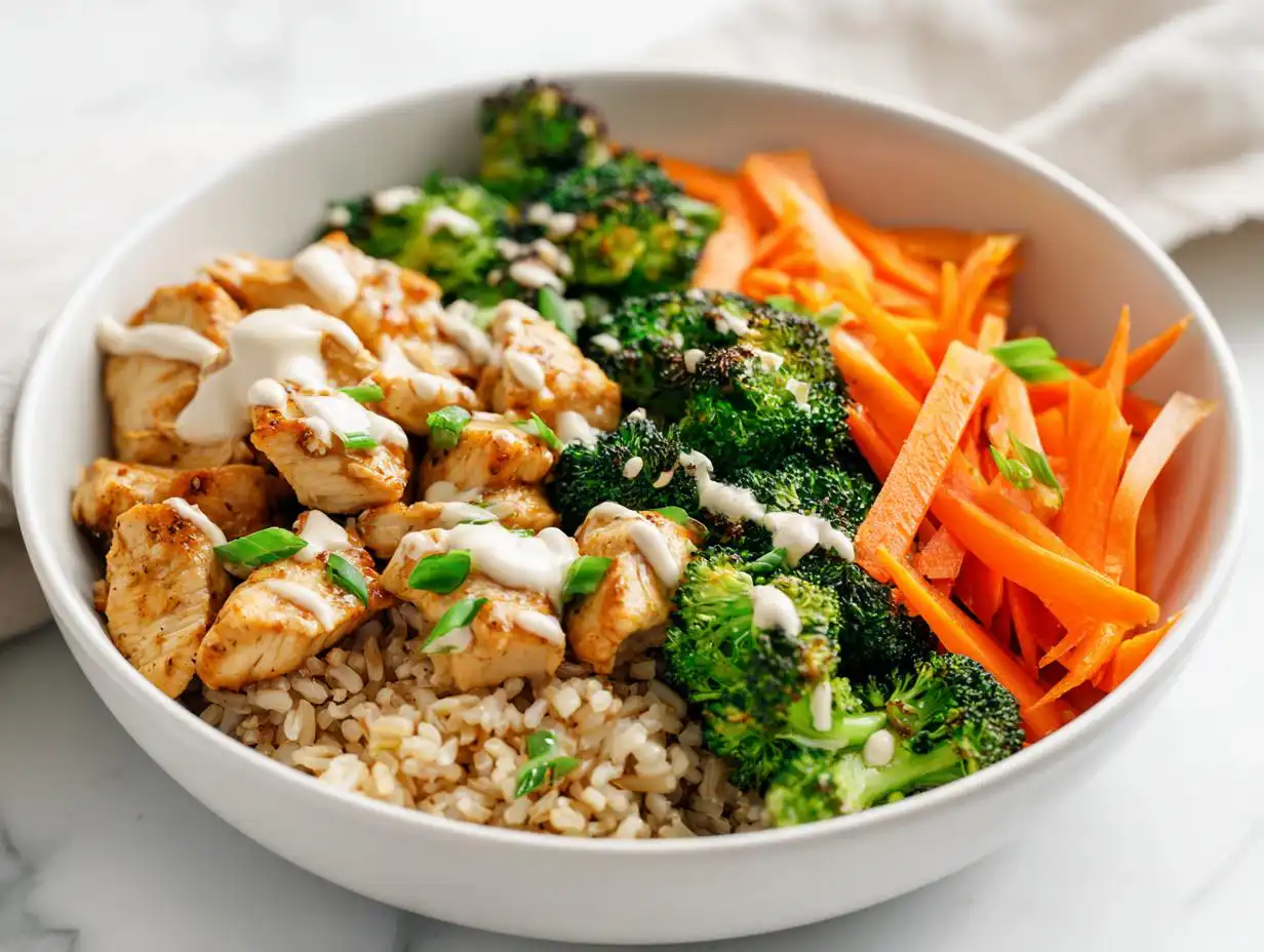Close-up of a Summer Meal Prep Bowl featuring seasoned chicken, roasted broccoli, julienned carrots, and brown rice with a white sauce drizzle.