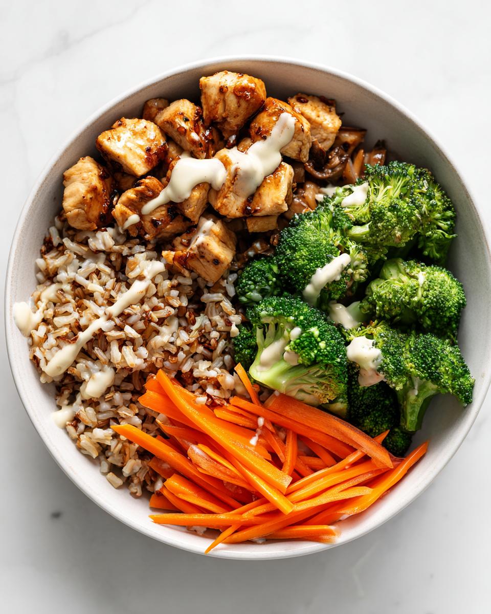 Overhead view of a Summer Meal Prep Bowl containing brown rice, glazed chicken pieces, steamed broccoli, and julienned carrots with a light dressing.