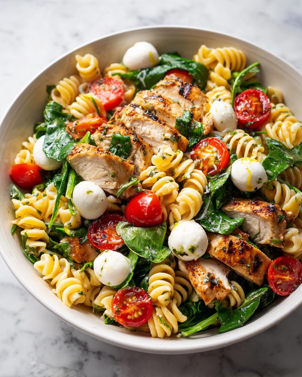 Close-up of a Summer Pasta Bowl featuring rotini pasta, grilled sliced chicken breast, spinach, cherry tomatoes, and mozzarella balls.