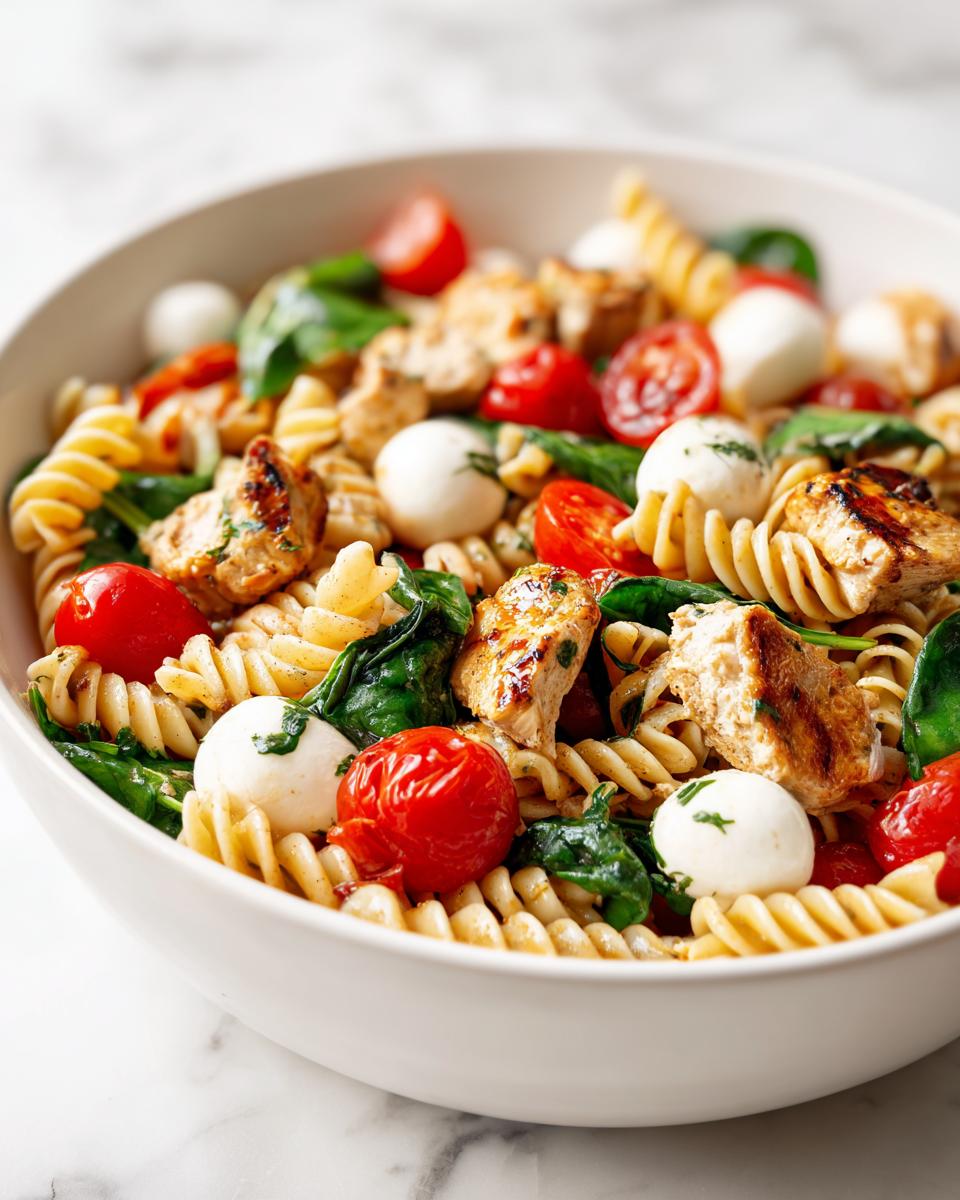 Close-up of a vibrant Summer Pasta Bowl featuring fusilli pasta, grilled chicken pieces, cherry tomatoes, spinach, and mozzarella balls.