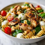 Close-up of a Summer Pasta Bowl featuring grilled chicken, mozzarella balls, cherry tomatoes, and fusilli pasta.