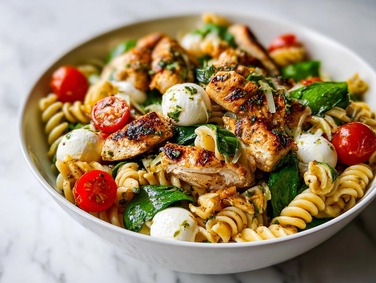 Close-up of a Summer Pasta Bowl featuring grilled chicken, mozzarella balls, cherry tomatoes, and fusilli pasta.