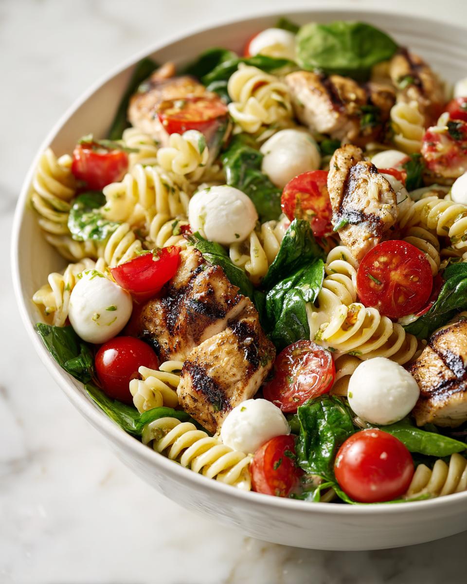 Close-up of a Summer Pasta Bowl featuring fusilli pasta, grilled chicken pieces, cherry tomatoes, mozzarella balls, and spinach.