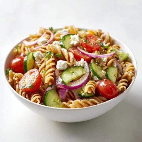 A bowl of Summer Pasta Salad Healthy featuring fusilli pasta, cherry tomatoes, cucumber, red onion, and feta cheese.