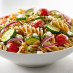 A vibrant bowl of Summer Pasta Salad Healthy featuring rotini pasta, sliced cucumbers, cherry tomatoes, red onion, and feta cheese.