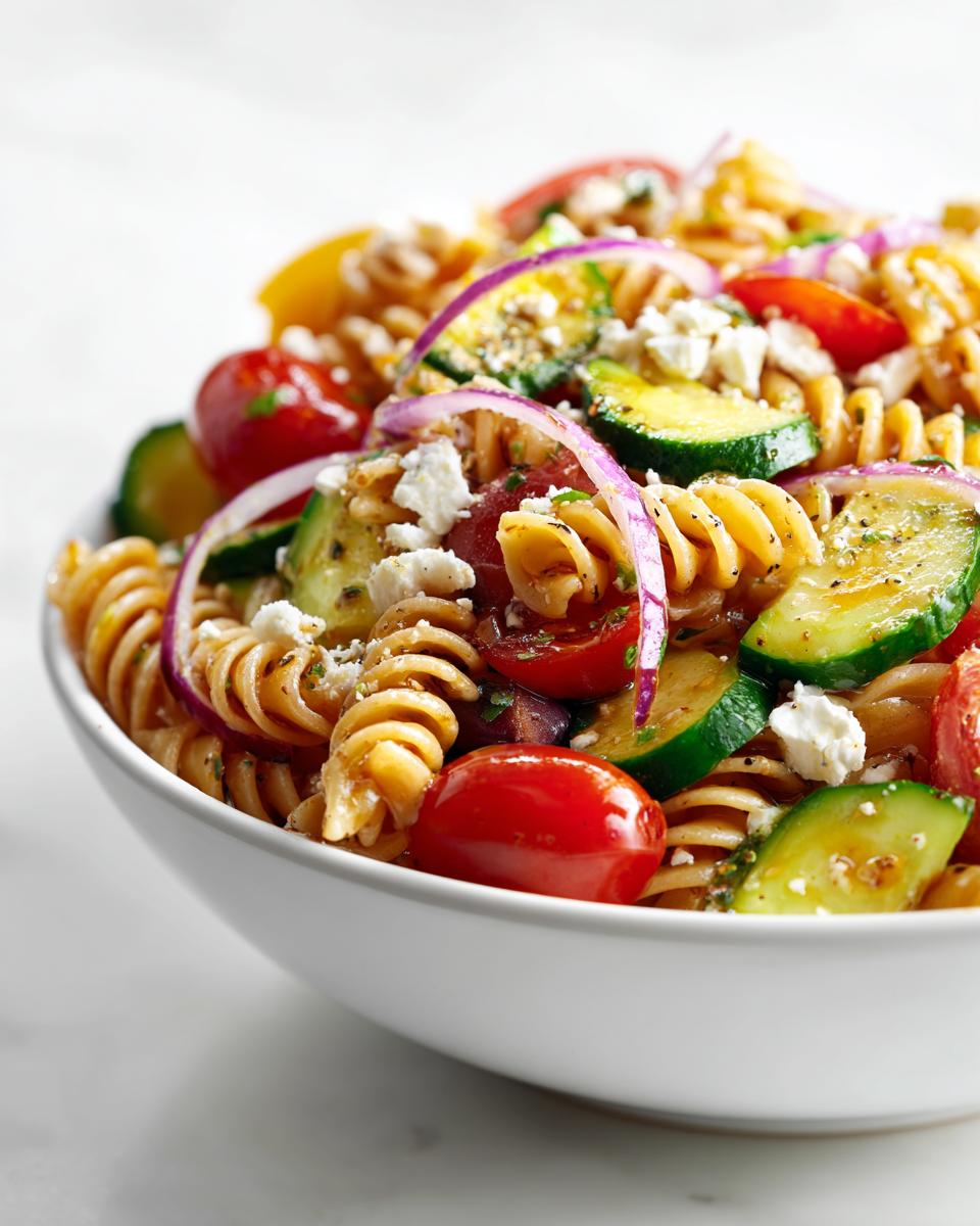 Close-up of a white bowl filled with Summer Pasta Salad Healthy featuring rotini pasta, cherry tomatoes, zucchini, red onion, and feta.