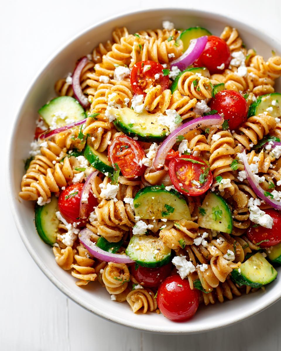 Close-up of a bowl of Summer Pasta Salad Healthy featuring rotini pasta, cherry tomatoes, cucumber, red onion, and feta cheese.