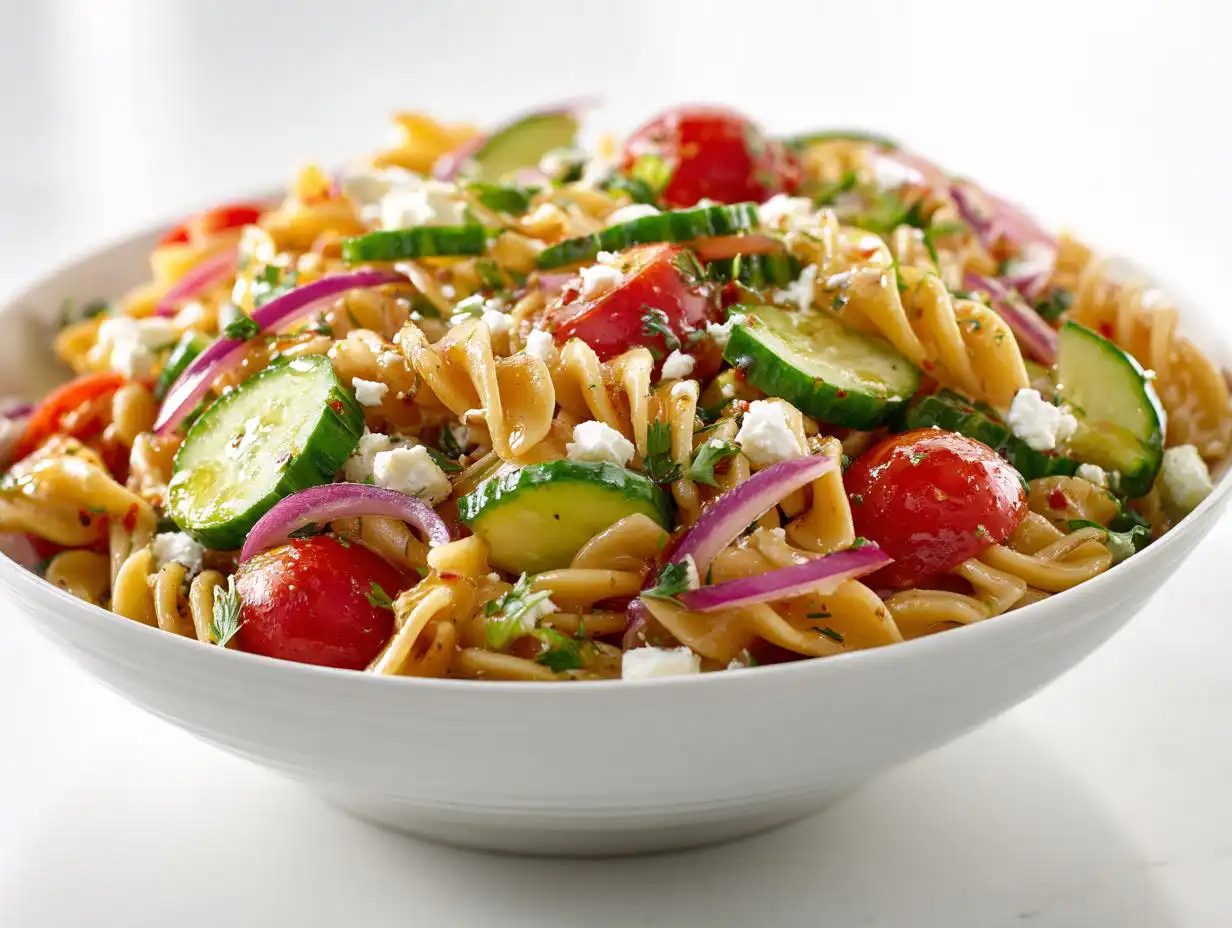 A vibrant bowl of Summer Pasta Salad Healthy featuring rotini pasta, sliced cucumbers, cherry tomatoes, red onion, and feta cheese.
