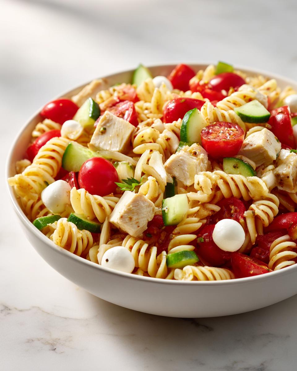 Close-up of a white bowl filled with Summer Pasta Salad with Chicken, featuring rotini pasta, chicken cubes, cherry tomatoes, cucumber, and mozzarella balls.