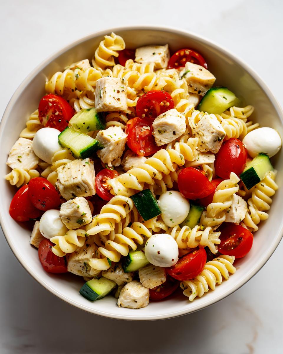 Top-down view of a bowl filled with Summer Pasta Salad with Chicken, rotini pasta, cherry tomatoes, cucumber, and mozzarella balls.