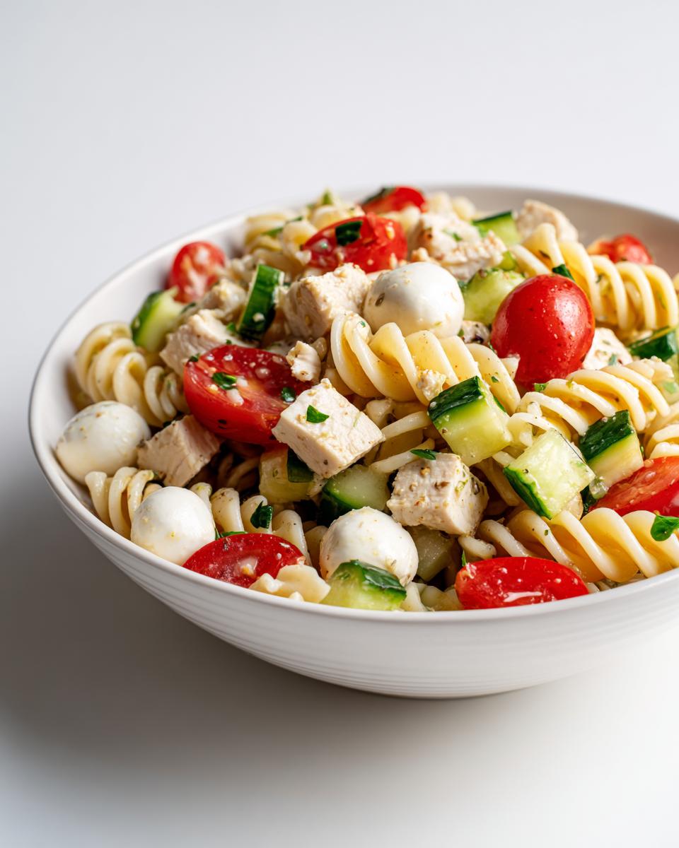 Close-up of Summer Pasta Salad with Chicken, featuring fusilli pasta, cherry tomatoes, cucumber, and mozzarella balls.