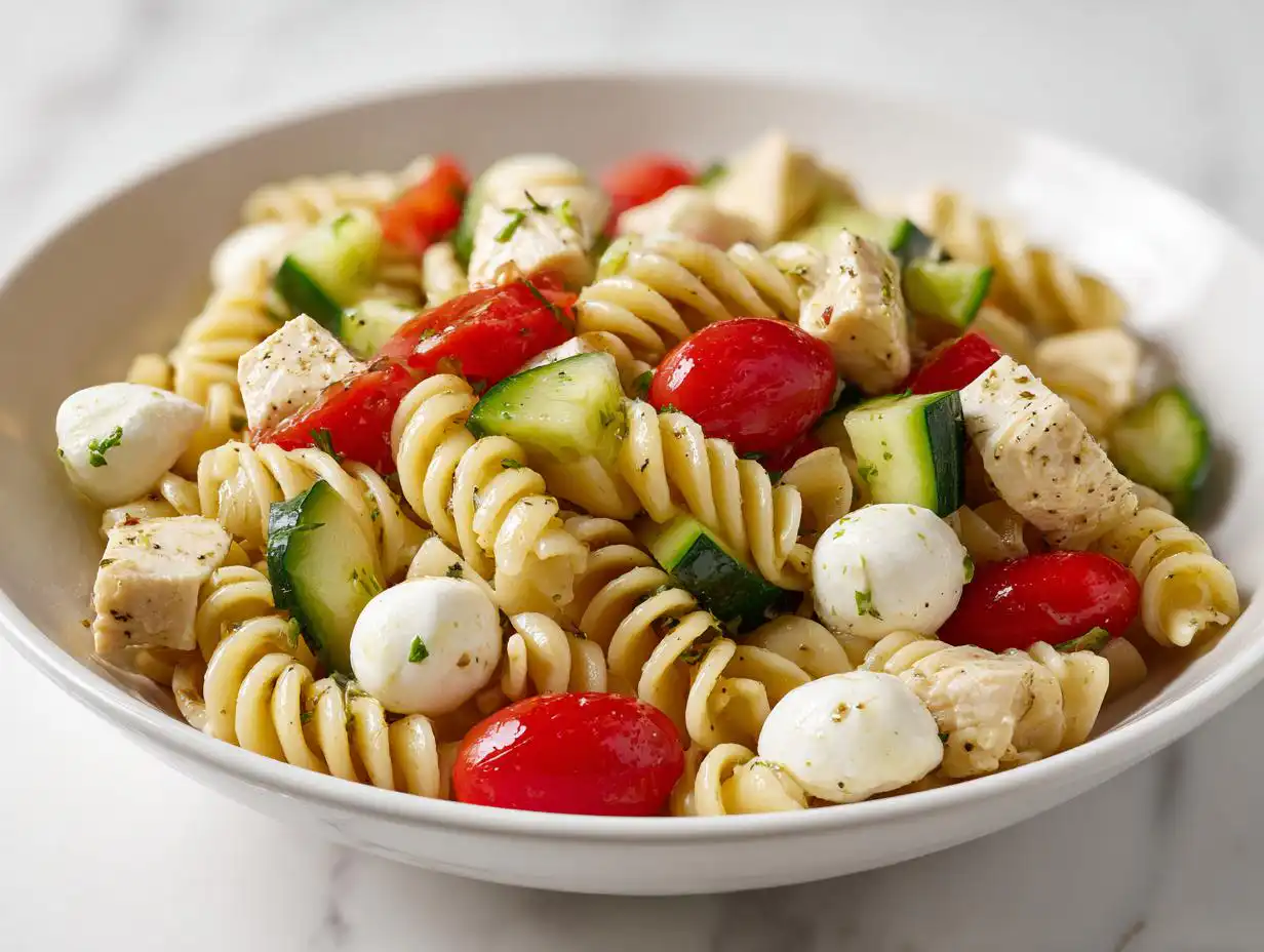 Close-up of a vibrant Summer Pasta Salad with Chicken, featuring rotini pasta, cherry tomatoes, cucumber, and mozzarella balls.