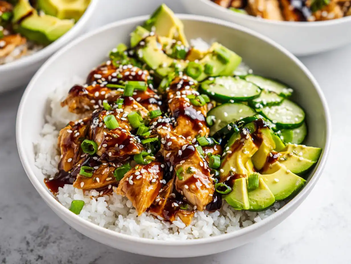 A close-up of a Summer Rice Bowl with Chicken, topped with teriyaki glaze, sesame seeds, avocado, and sliced cucumbers.