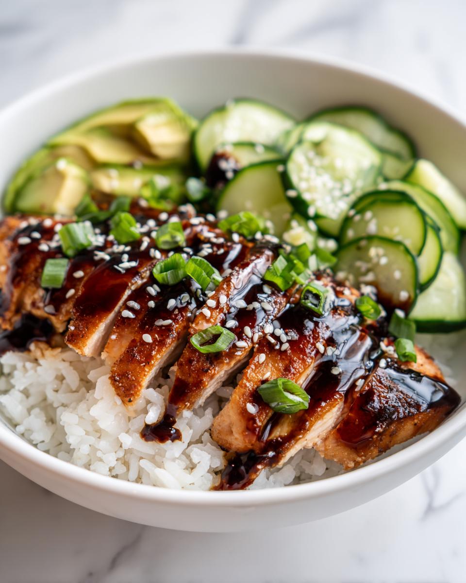 A close-up of a Summer Rice Bowl with Chicken, sliced and drizzled with dark sauce, served over white rice with avocado and cucumber.