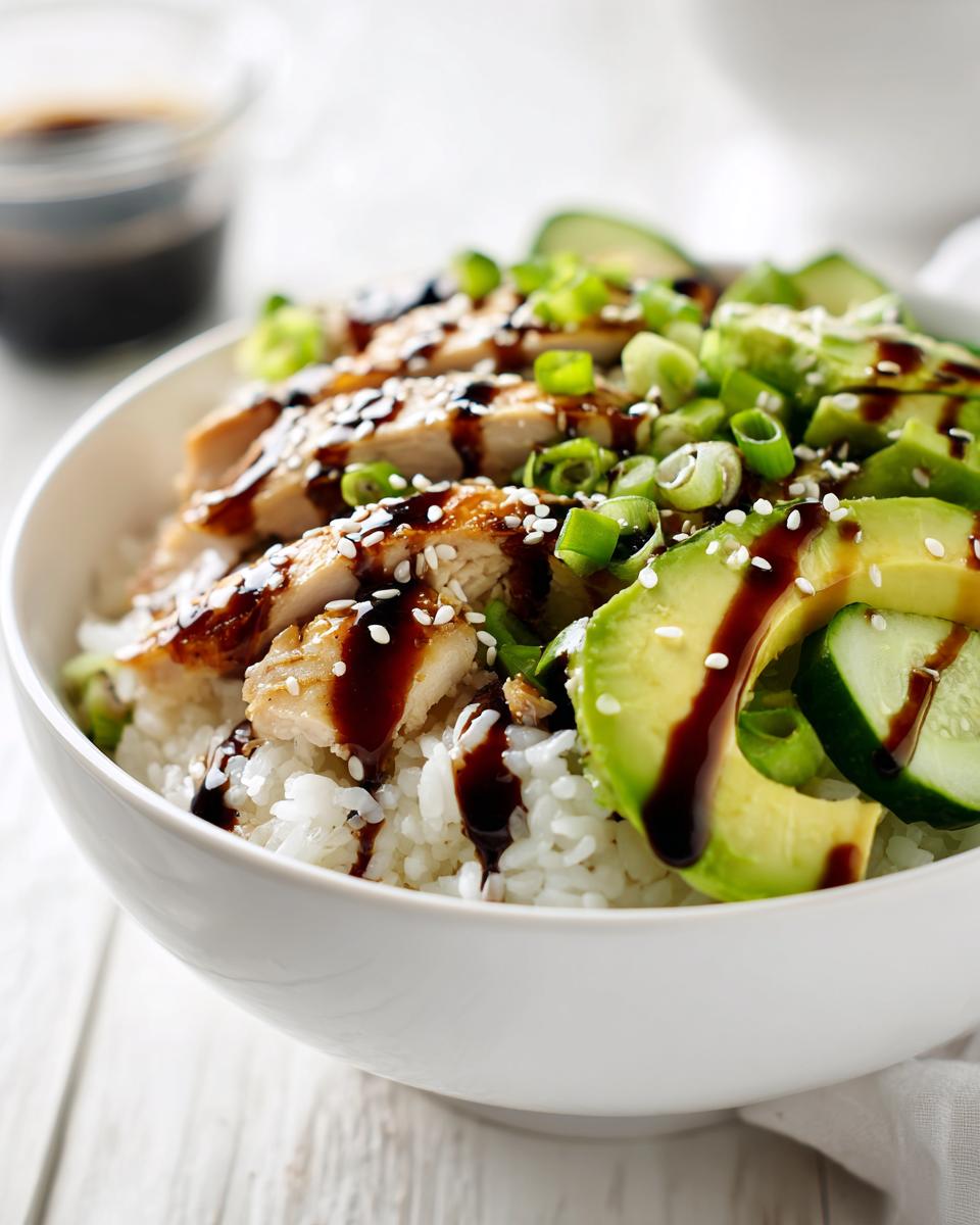 Close-up of a Summer Rice Bowl with Chicken, sliced avocado, green onions, and a dark sauce drizzle over white rice.
