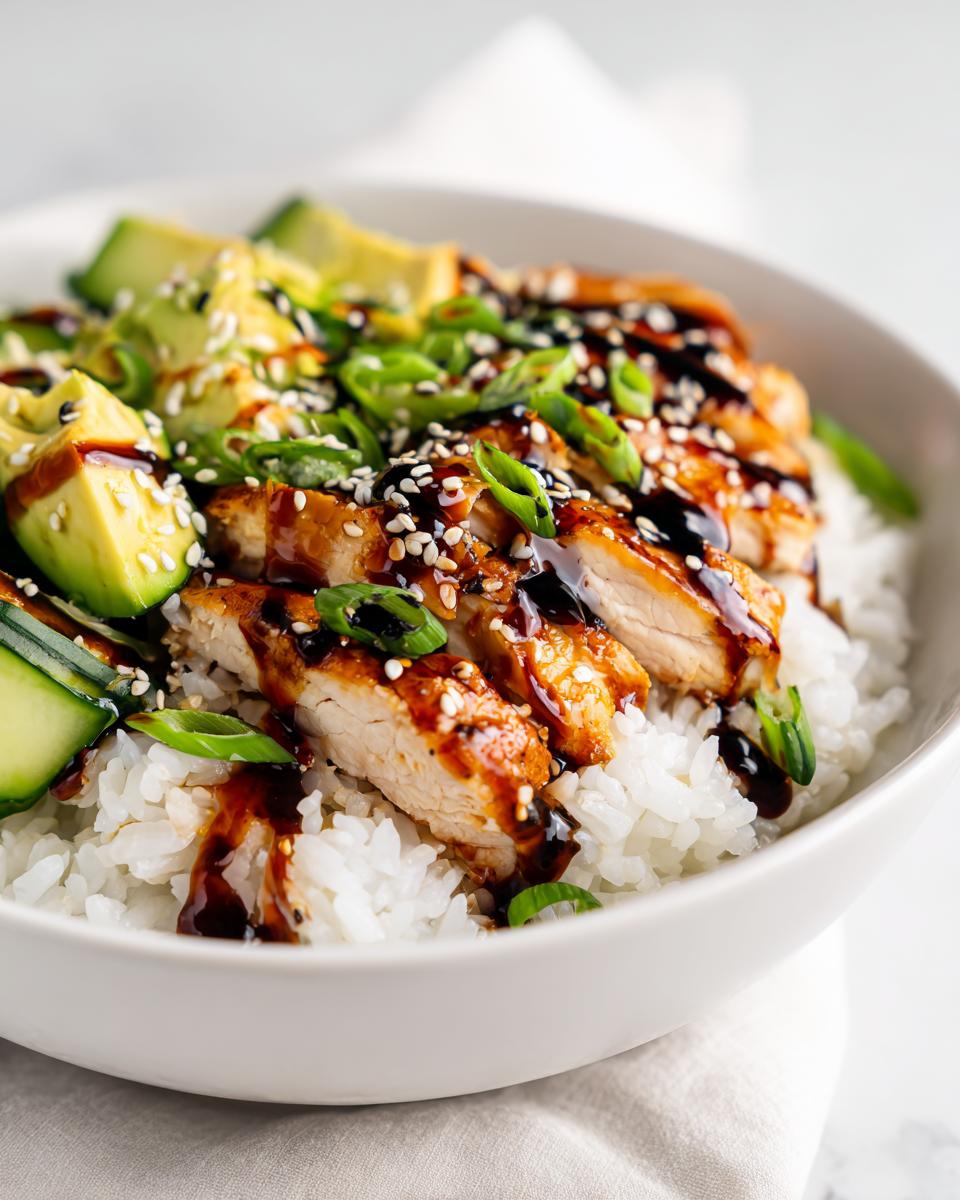 Close-up of a Summer Rice Bowl with Chicken, topped with avocado, sesame seeds, and green onions.