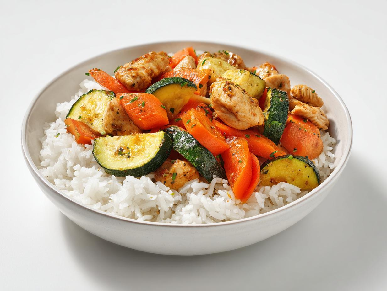 A close-up of a Summer Veggie Bowl with Chicken featuring sautéed zucchini and carrots served over white rice in a light bowl.