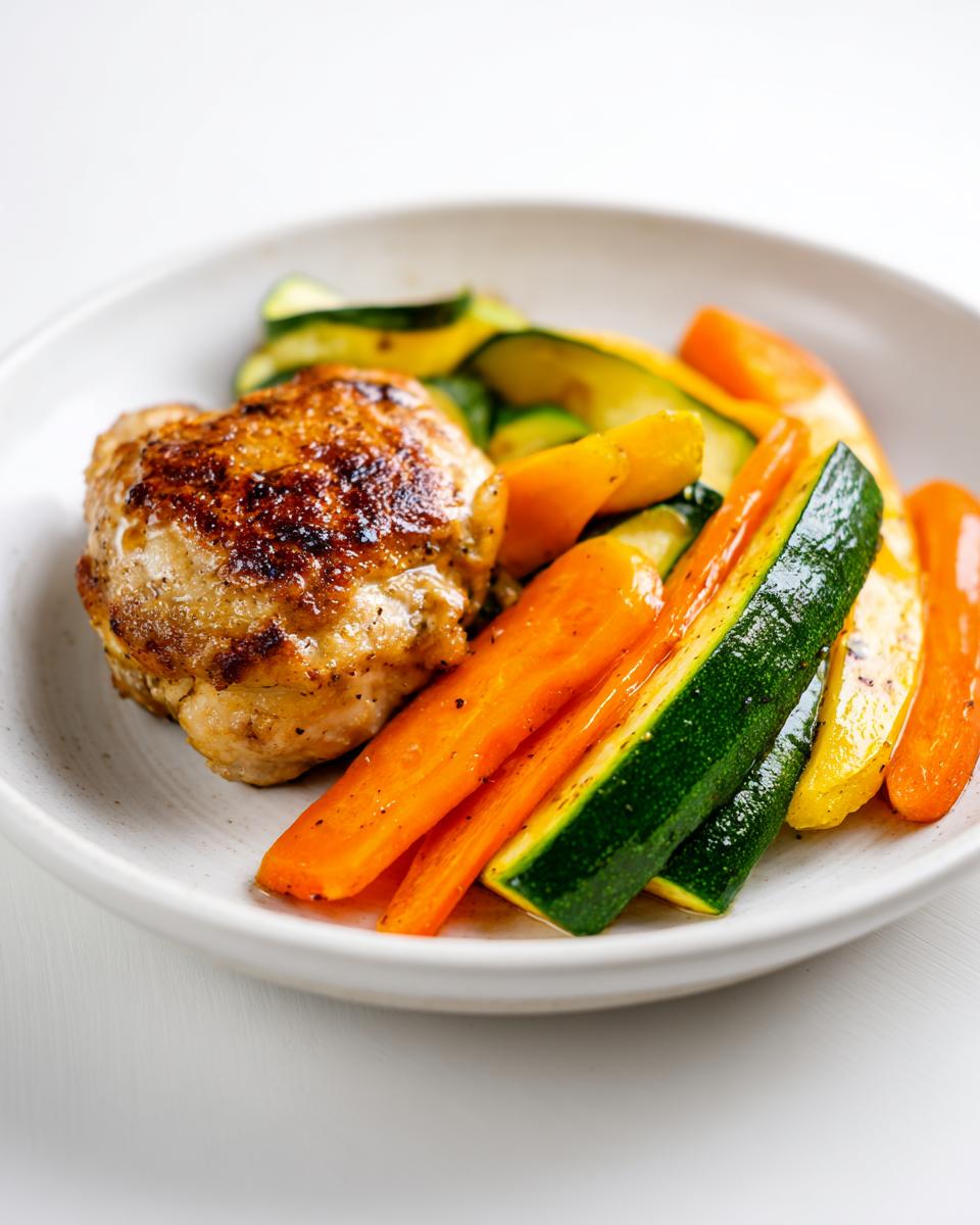 Close-up of a Summer Veggie Chicken Plate featuring a seared chicken thigh and brightly colored sautéed carrots and zucchini.