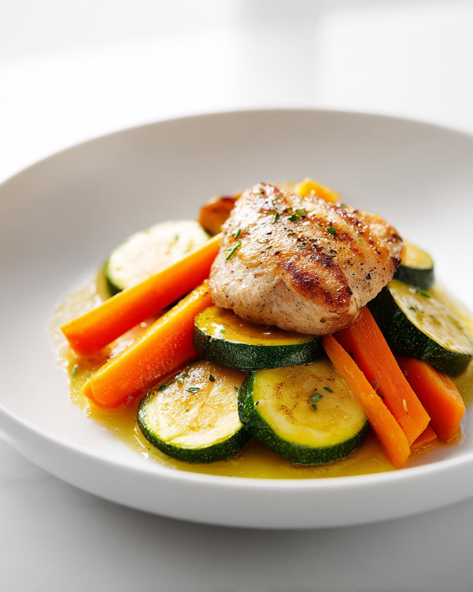 A perfectly cooked piece of chicken served atop sliced zucchini and carrots in a light sauce for a Summer Veggie Chicken Plate.