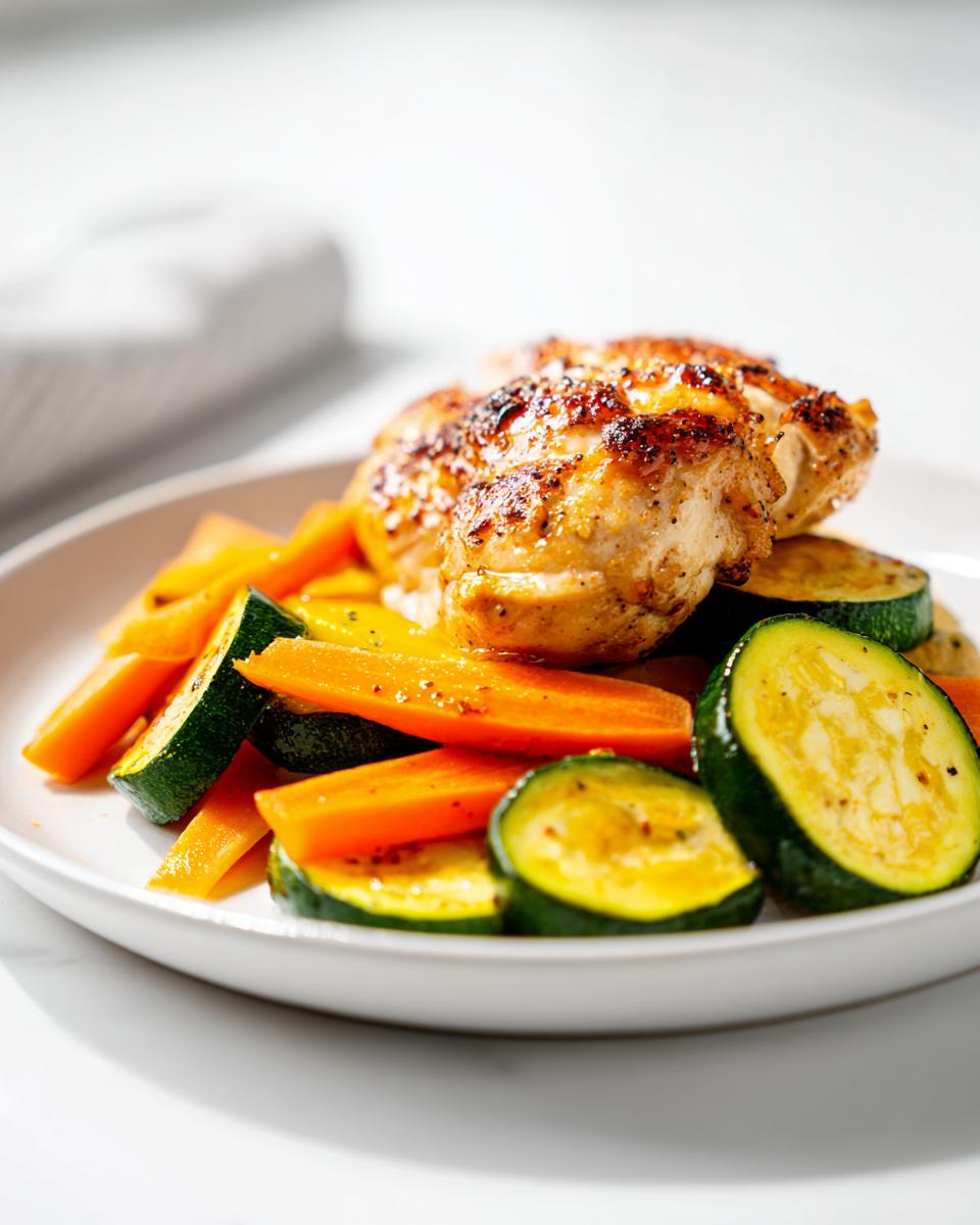 Close-up of a Summer Veggie Chicken Plate featuring seasoned chicken thighs served over bright orange carrots and green zucchini slices.