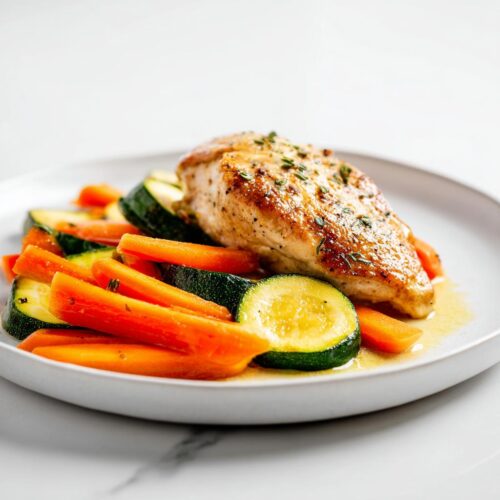 A perfectly cooked chicken breast served over bright orange carrots and green zucchini slices, making up the Summer Veggie Chicken Plate.