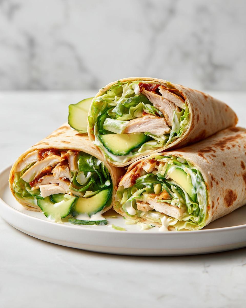 Three delicious chicken and avocado wrap sandwich halves stacked on a white plate, perfect for a picnic.
