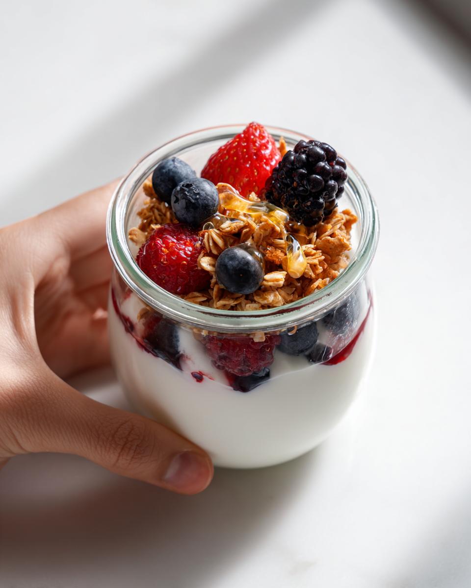 A hand holding a small glass jar showcasing a beautiful Yogurt Parfait Aesthetic with layers of yogurt, berries, and granola.