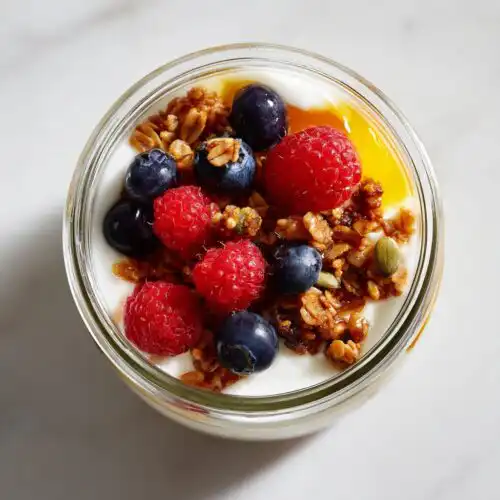 Overhead view of a glass jar showcasing the Yogurt Parfait Aesthetic with white yogurt, granola, fresh raspberries, and blueberries.