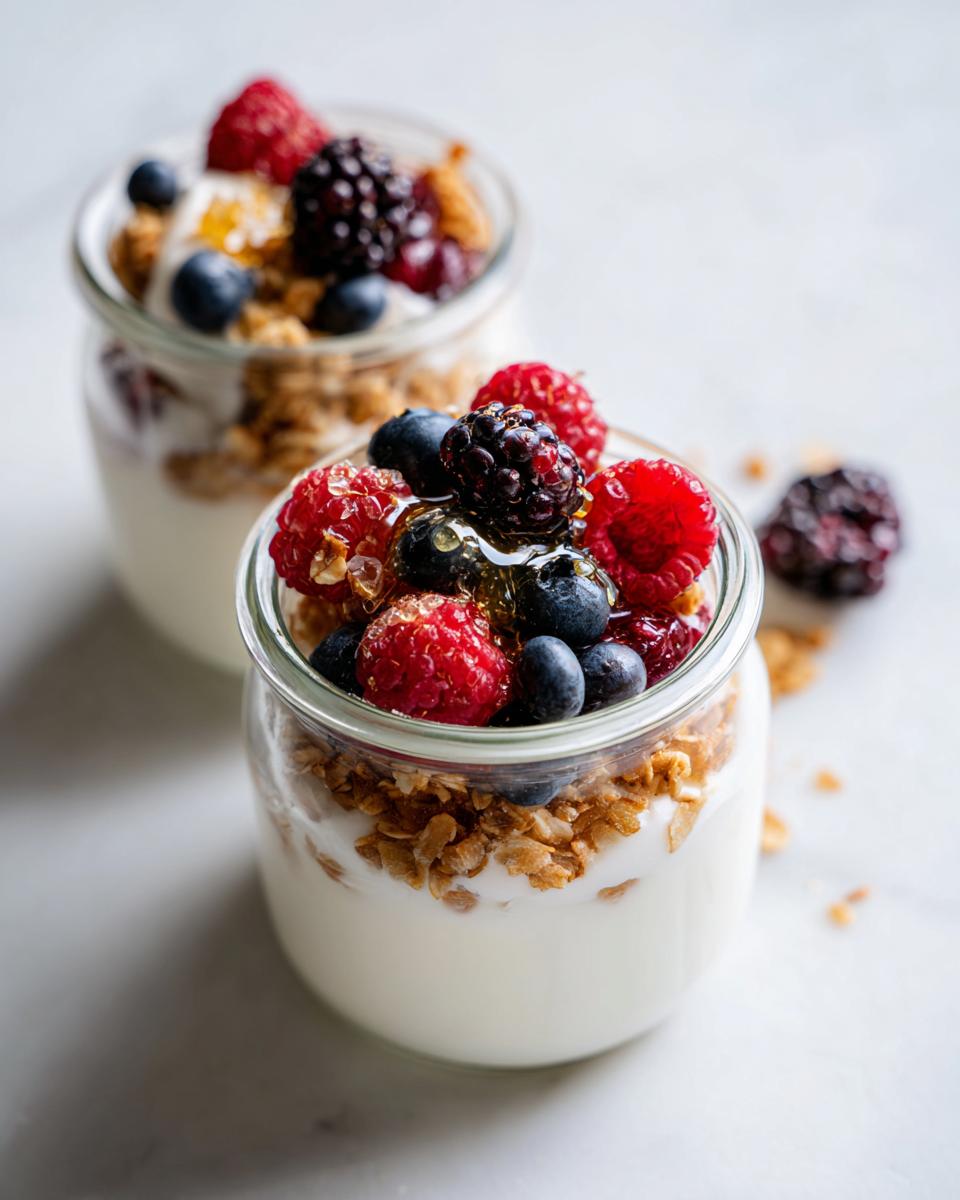 Close-up of a glass jar showcasing Yogurt Parfait Aesthetic with layers of yogurt, granola, and fresh mixed berries drizzled with honey.