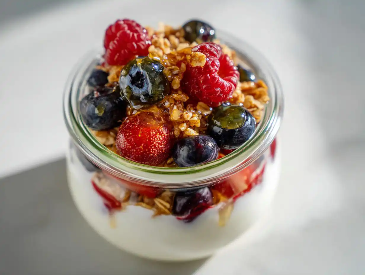 Close-up of a beautiful Yogurt Parfait Aesthetic layered with yogurt, granola, fresh berries, and drizzled with honey.