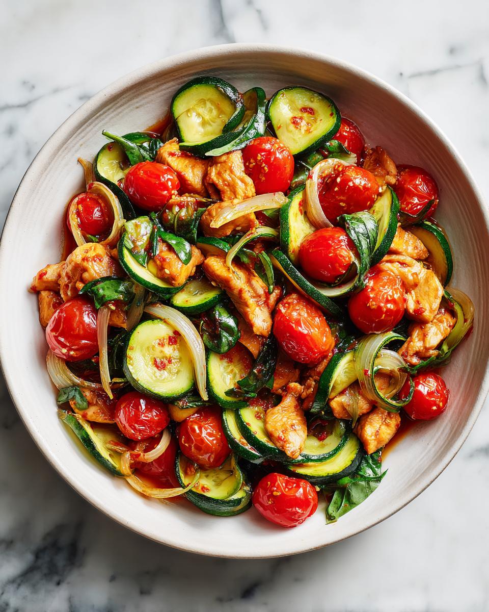Overhead view of a bowl filled with chicken, sliced zucchini, cherry tomatoes, and onions, perfect for Summer Crockpot Easy Recipes.
