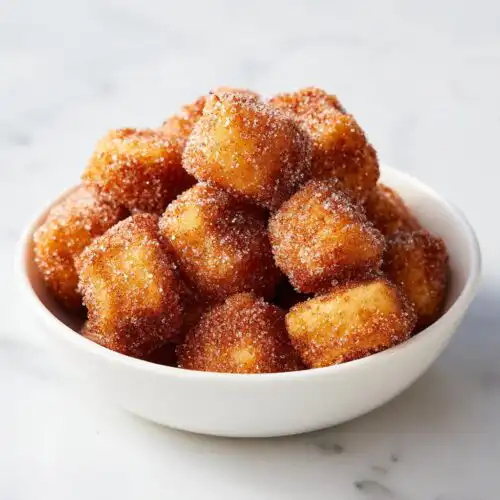 A white bowl overflowing with golden brown Air Fryer Churro Nuggets generously coated in sparkling cinnamon sugar.