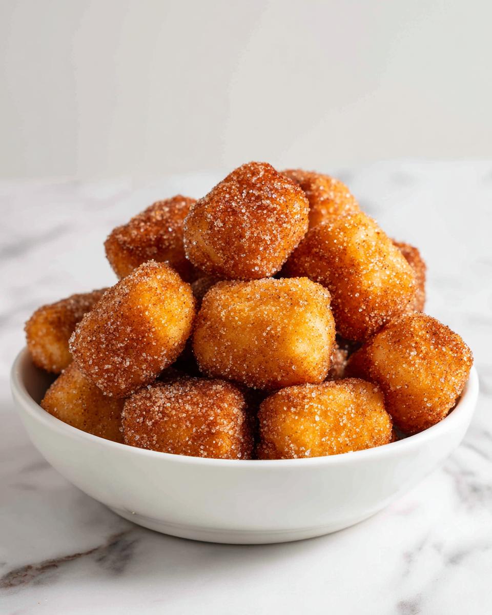 A white bowl filled high with golden brown Air Fryer Churro Nuggets generously coated in cinnamon sugar.