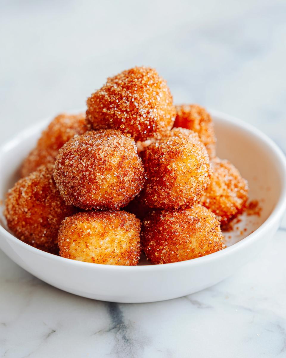 A white bowl filled with golden Air Fryer Churro Nuggets generously coated in cinnamon sugar.