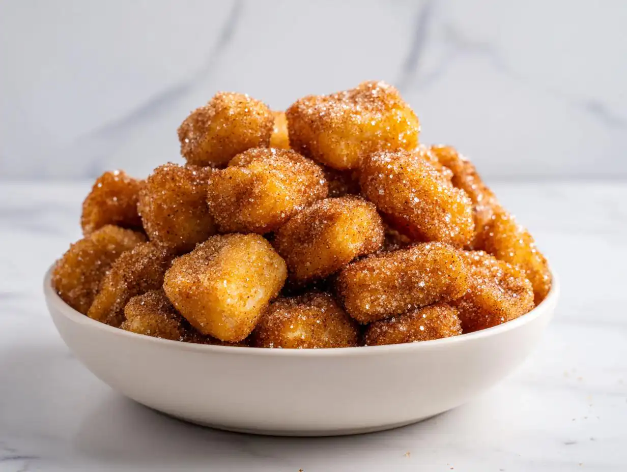 A white bowl overflowing with golden brown Air Fryer Churro Nuggets generously coated in sparkling cinnamon sugar.