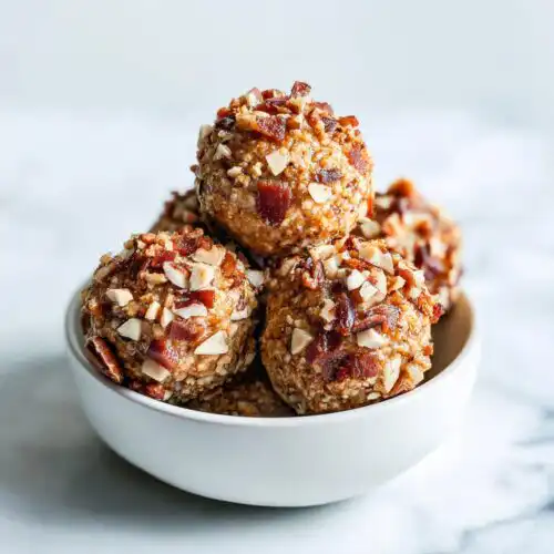 A close-up of several Bacon Ranch Cheese Ball Bites stacked in a small white bowl, coated in chopped nuts and bacon pieces.