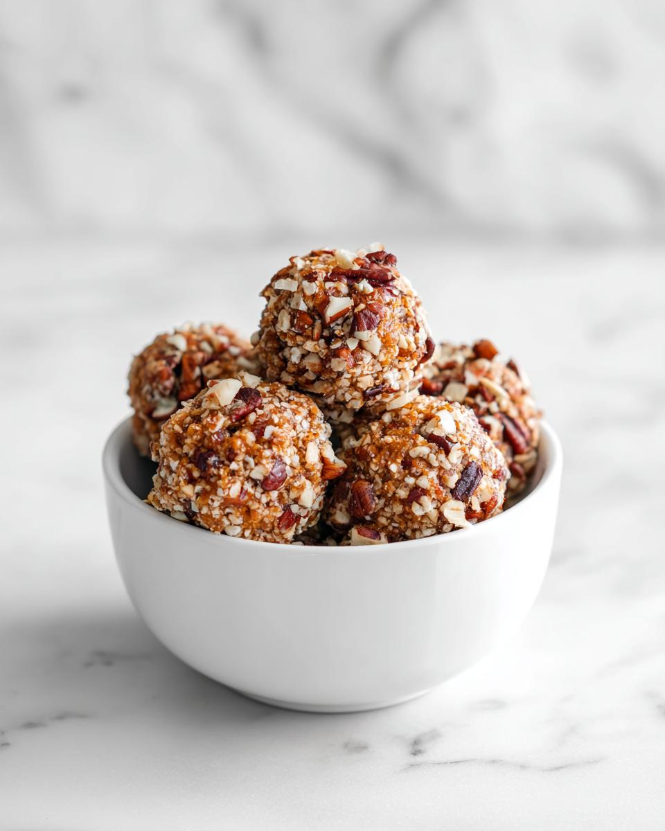 A white bowl filled with several Bacon Ranch Cheese Ball Bites coated in chopped pecans.