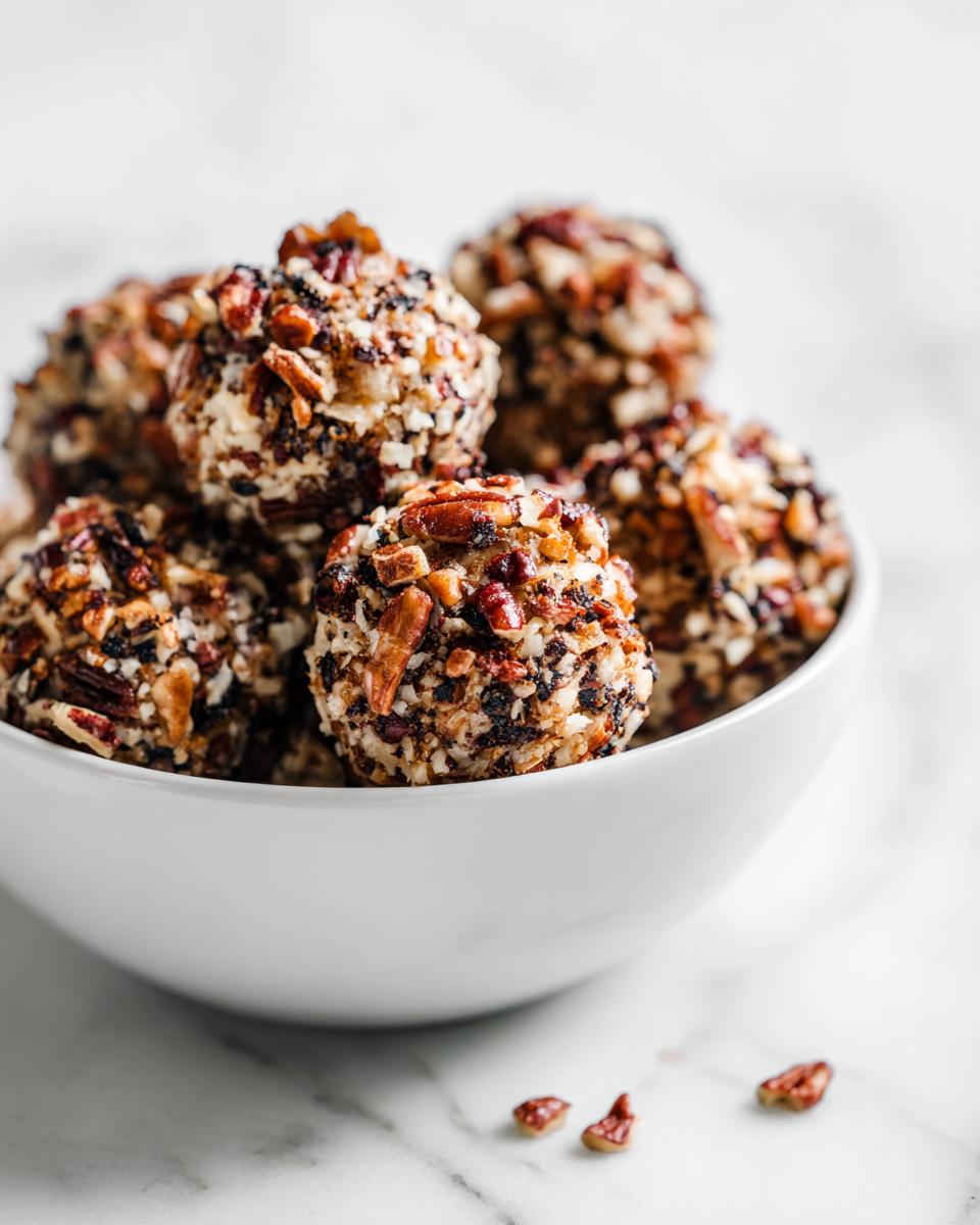 Close-up of several Bacon Ranch Cheese Ball Bites coated in chopped pecans, served in a white bowl.