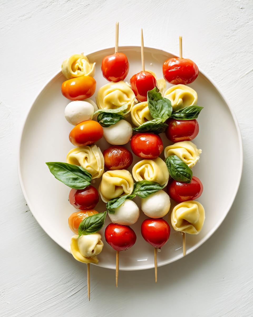 Four skewers featuring Cheesy Tortellini Kabobs ingredients: tortellini, cherry tomatoes, mozzarella balls, and fresh basil leaves.