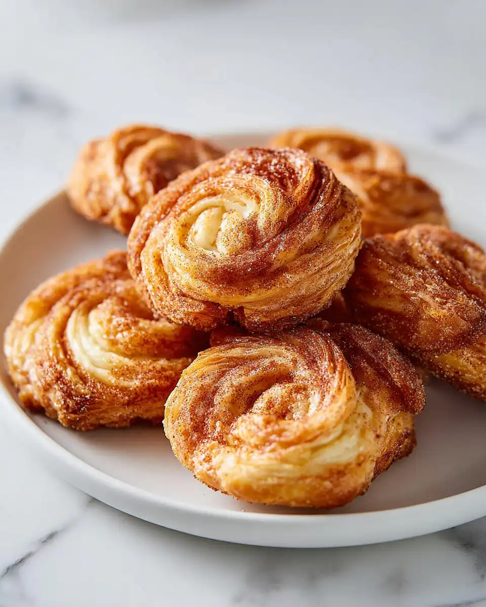 A close-up of several golden-brown Churro Cream Cheese Swirls dusted with cinnamon sugar on a white plate.