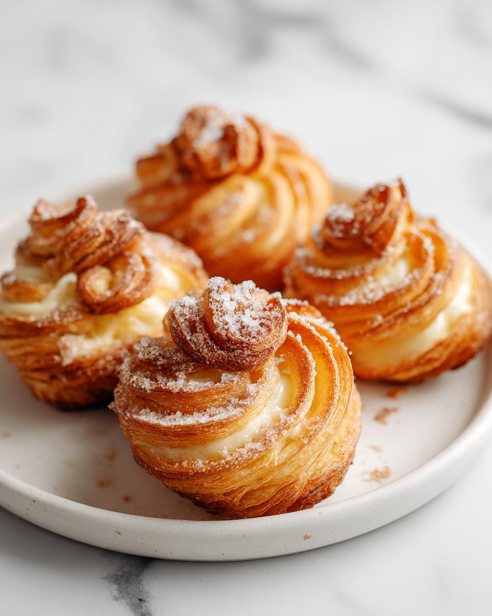 Four golden, flaky Churro Cream Cheese Swirls dusted with cinnamon sugar resting on a white plate.