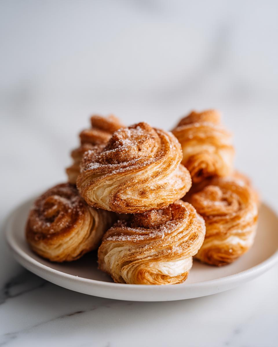 A stack of golden brown, flaky Churro Cream Cheese Swirls dusted generously with cinnamon sugar on a white plate.