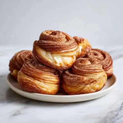 A stack of golden-brown Churro Cream Cheese Swirls dusted with cinnamon sugar on a white plate.