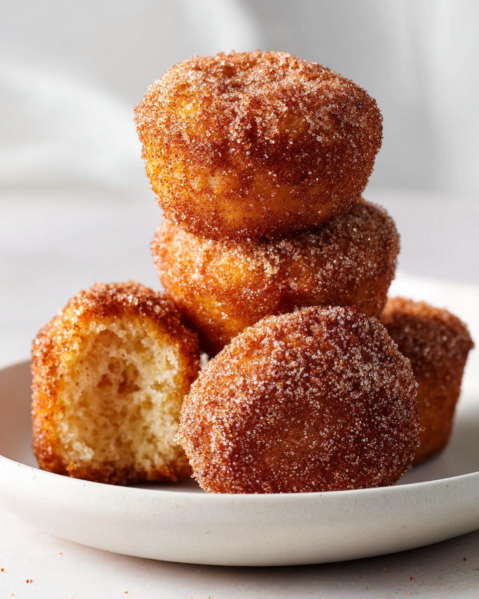 A stack of golden brown Churro Muffin Bites generously coated in cinnamon sugar, with one broken open showing the soft interior.