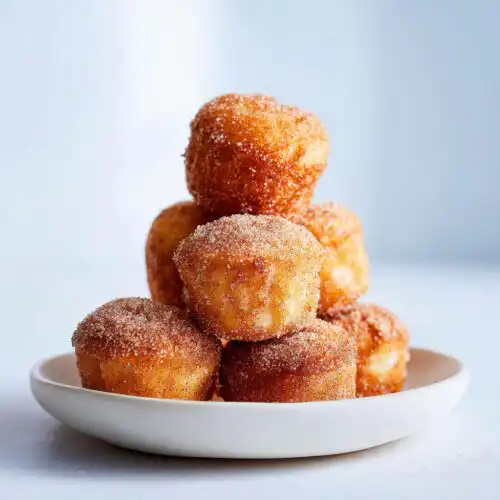 A tempting stack of freshly made Churro Muffin Bites coated heavily in cinnamon sugar, served on a small white plate.